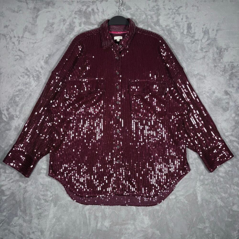 Pilcro Sequin Buttondown Shirt Burgundy Oversized Button Front Size Large